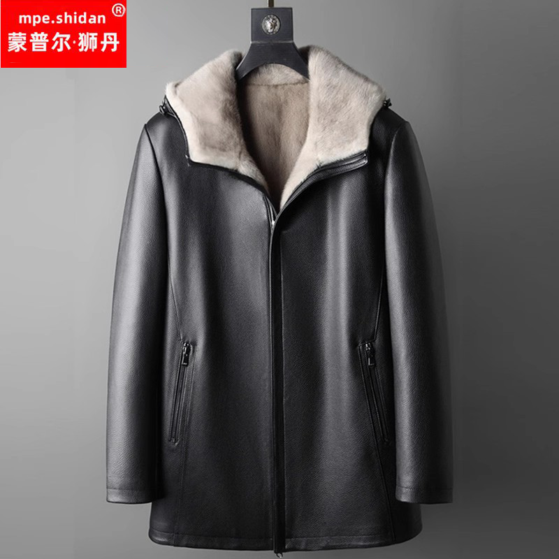 mpe.shidan/蒙普尔·狮丹2101冬装男士连帽真皮外套水貂内胆中老年