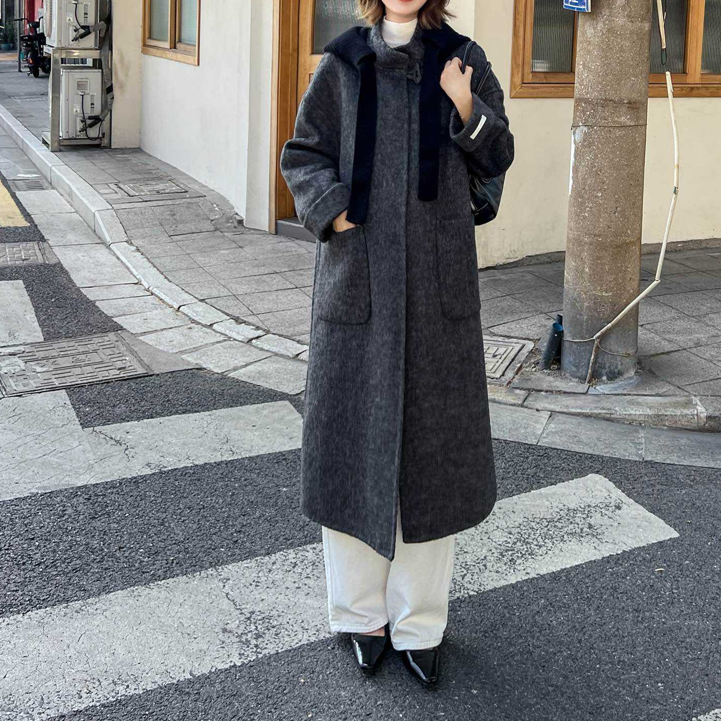 法式厚大翻领秋冬长袖拼接毛呢外套时尚羊毛大衣可爱风韩系女士