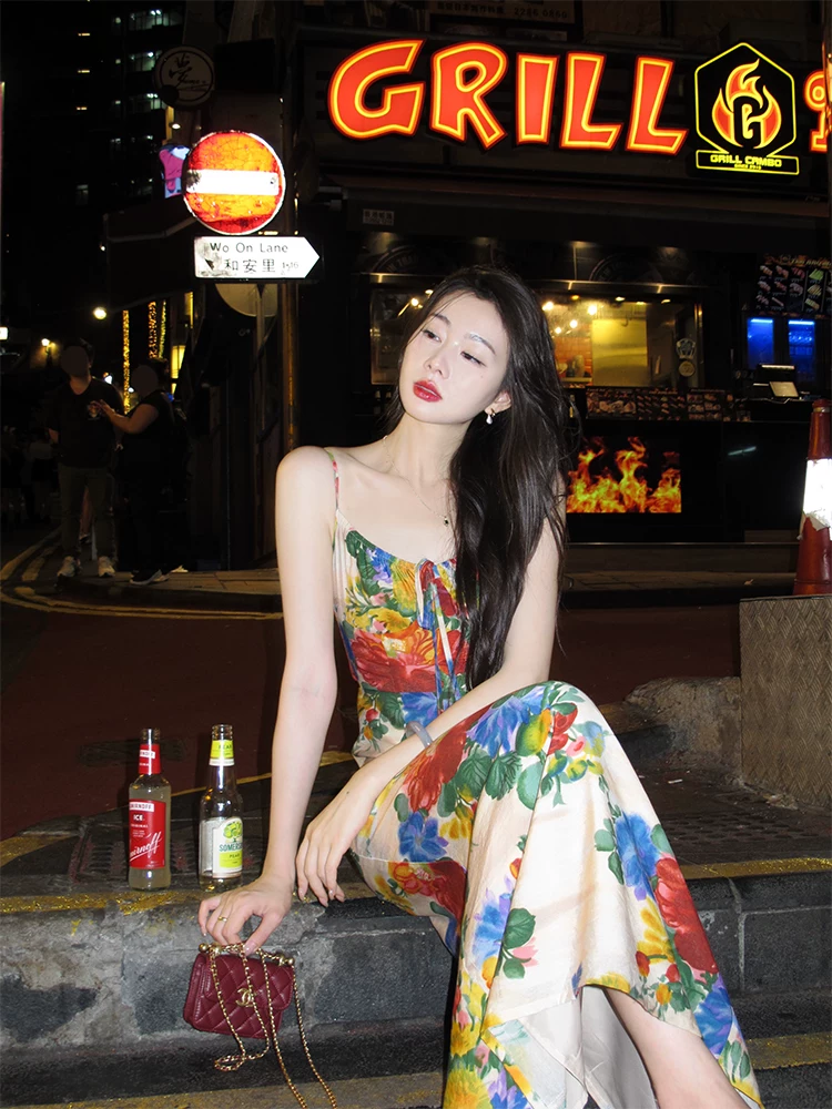 2025【加州梦境】港风复古碎花连衣裙女夏季短款开衫吊带裙连衣裙