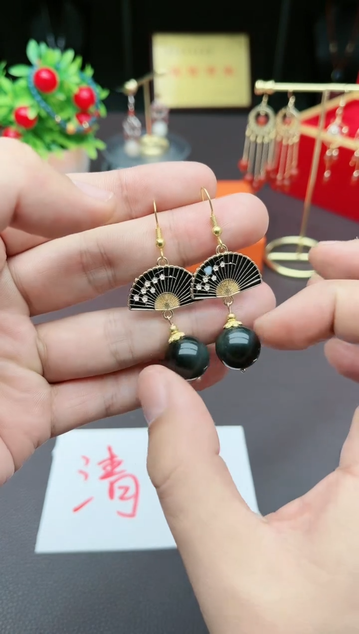 【闪购商品】黑曜岩耳饰银S925镶嵌433000