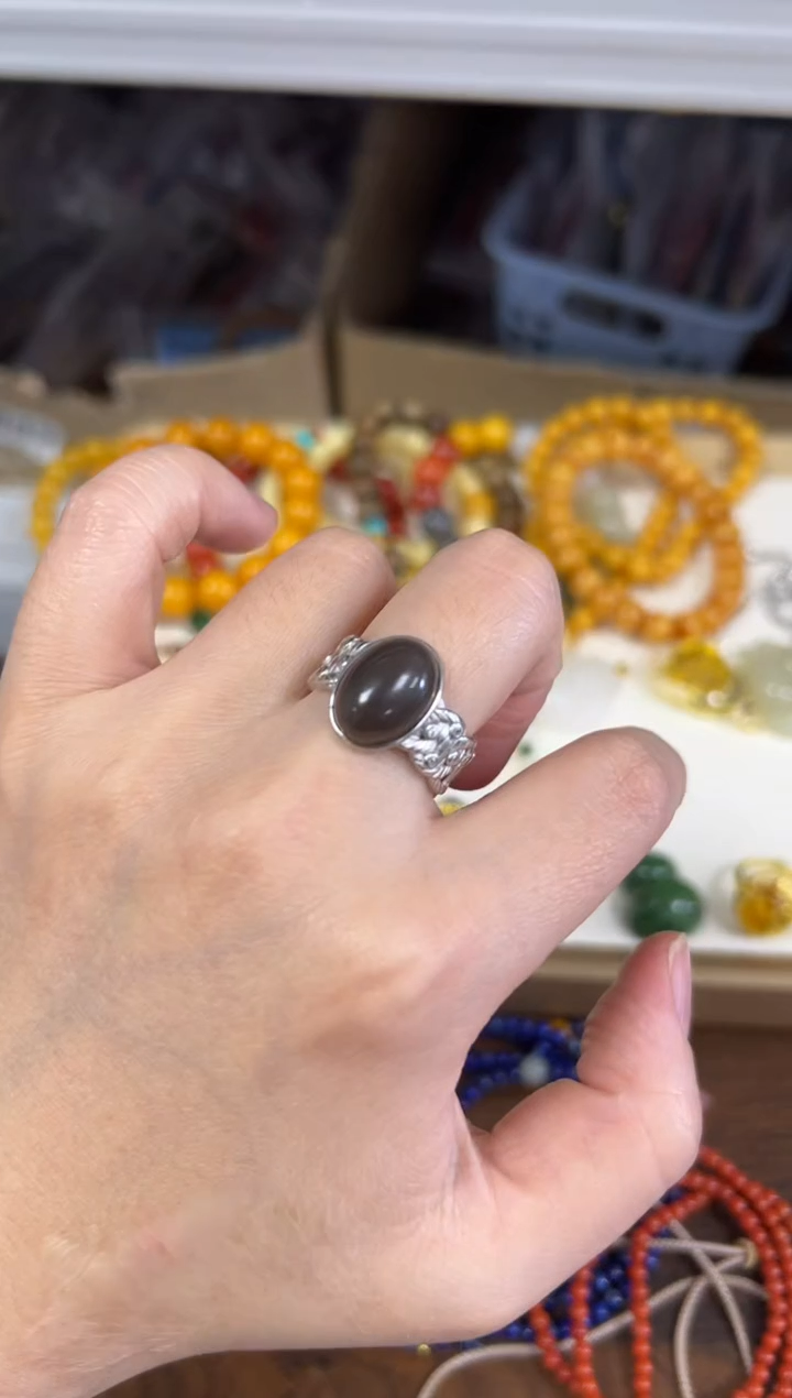 银S925镶嵌戒指和田玉和田玉深烟紫镂空银镶嵌戒指[58]