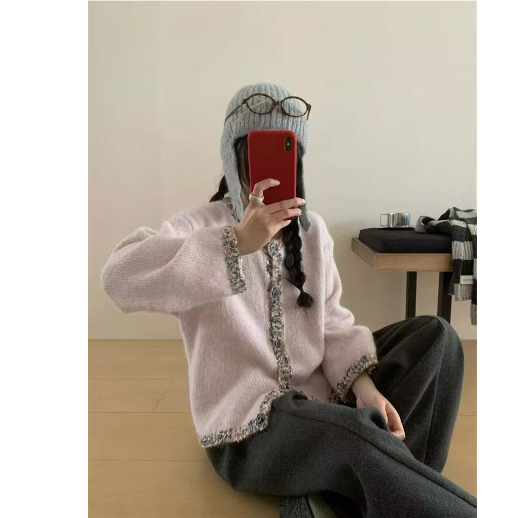 【毛毛专属】锁边圆领拼接小香风针织开衫