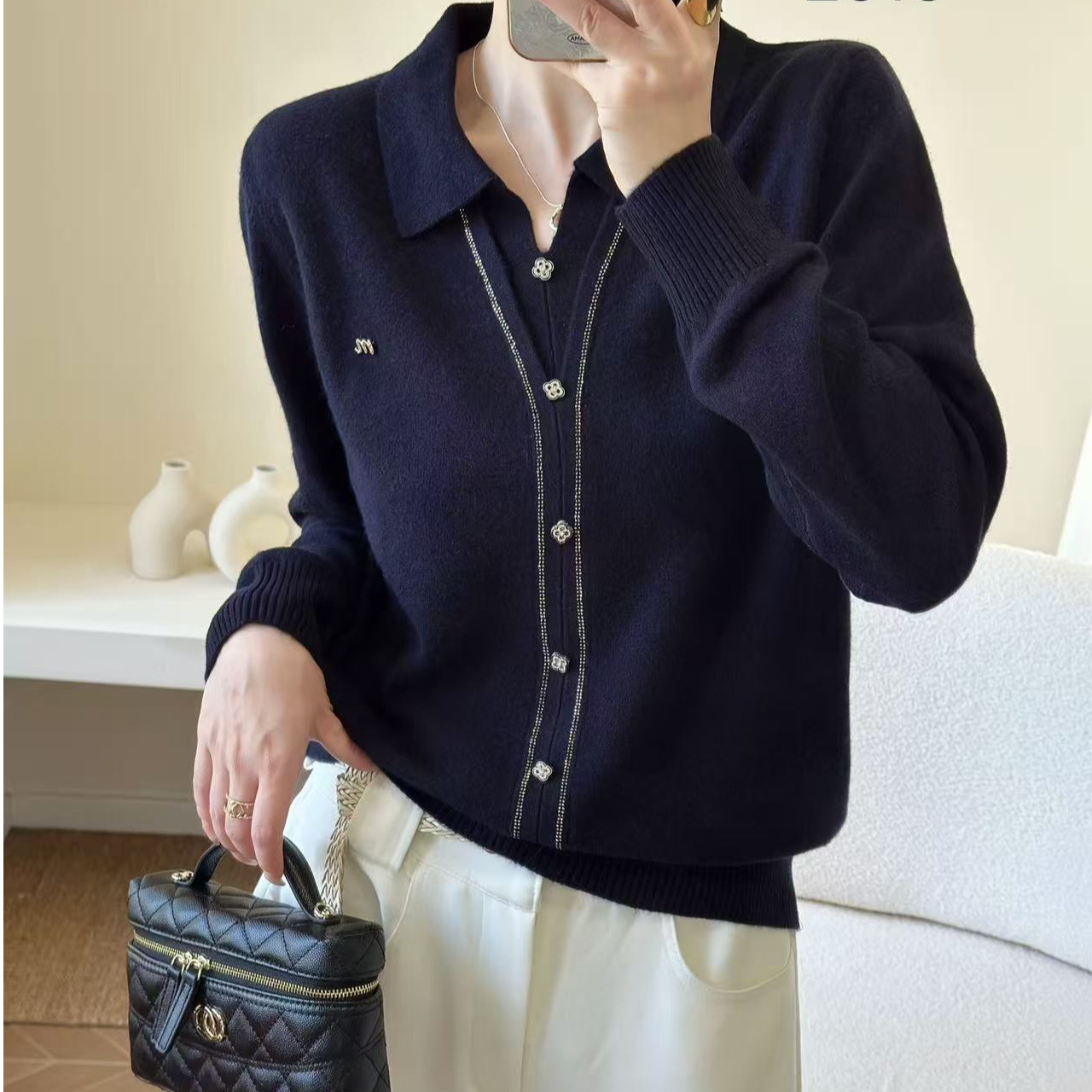 黛妍2513冬季新款100%羊毛百搭气质女款小V领针织上衣假开衫