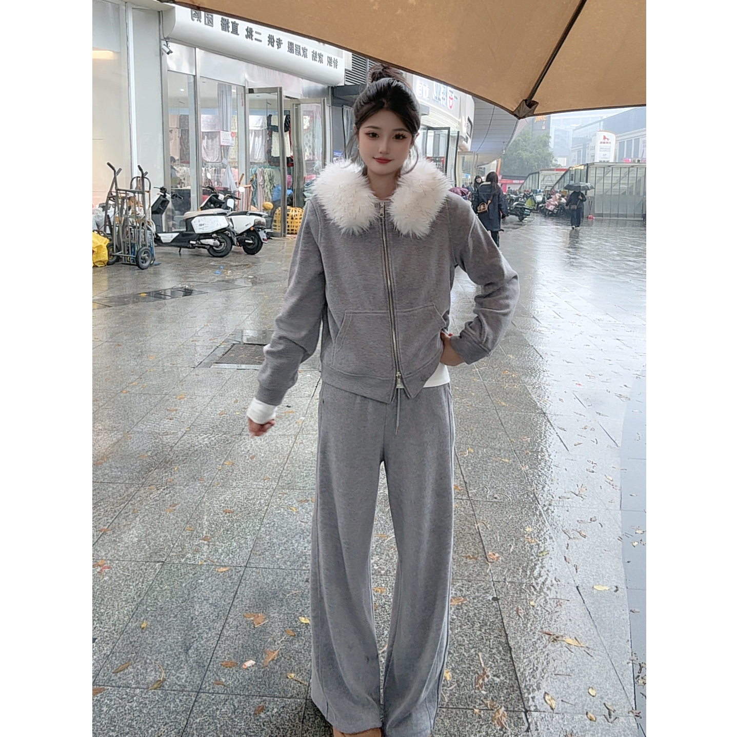 2025冬季新款加绒保暖时尚洋气加连帽外套+阔腿裤两件套装7256