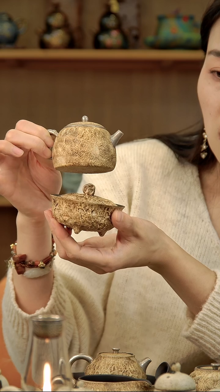 言野手作 粉引仿古秦权壶+三足盖碗