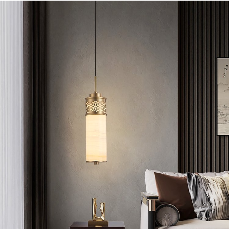 2025新款全铜玉石楼梯吊灯床头小吊新中式禅意玄关过道客厅餐厅