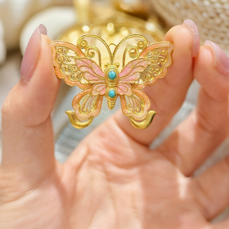 吊坠足银珐琅 足银手工挂坠公主蝴蝶珐琅吊坠铸厚金国风精美彩色