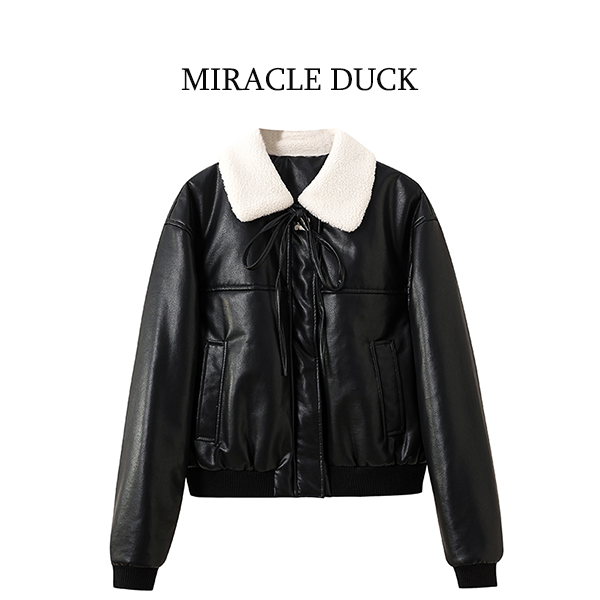 6号【暮尼暗夜】秋冬高定时尚毛领口拼接厚款皮衣短外套C1900