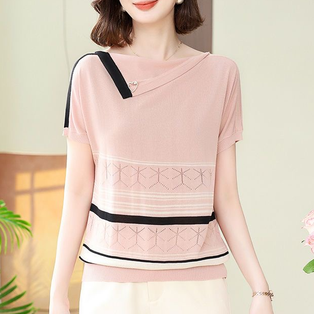 【大婷】翻领条纹大码宽松针织衫短袖T恤女夏季新款休闲宽松上衣374