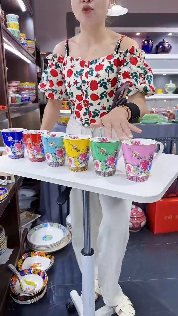 瓷片牡丹花卉杯子6只装景德镇陶瓷