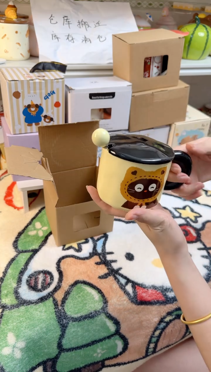 陶瓷盖子款小黑猫杯子