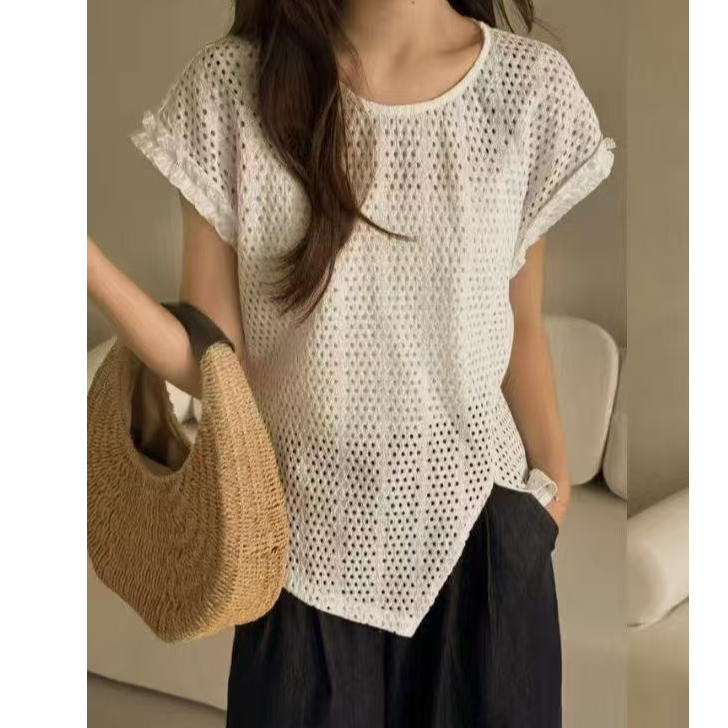 A2915杏镂空不规则绑带时尚T恤