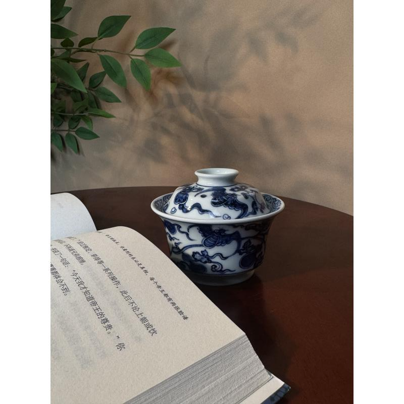 A123【蜕观堂】景德镇手工手绘青花蝙蝠葫芦马蹄盖碗  100ml  