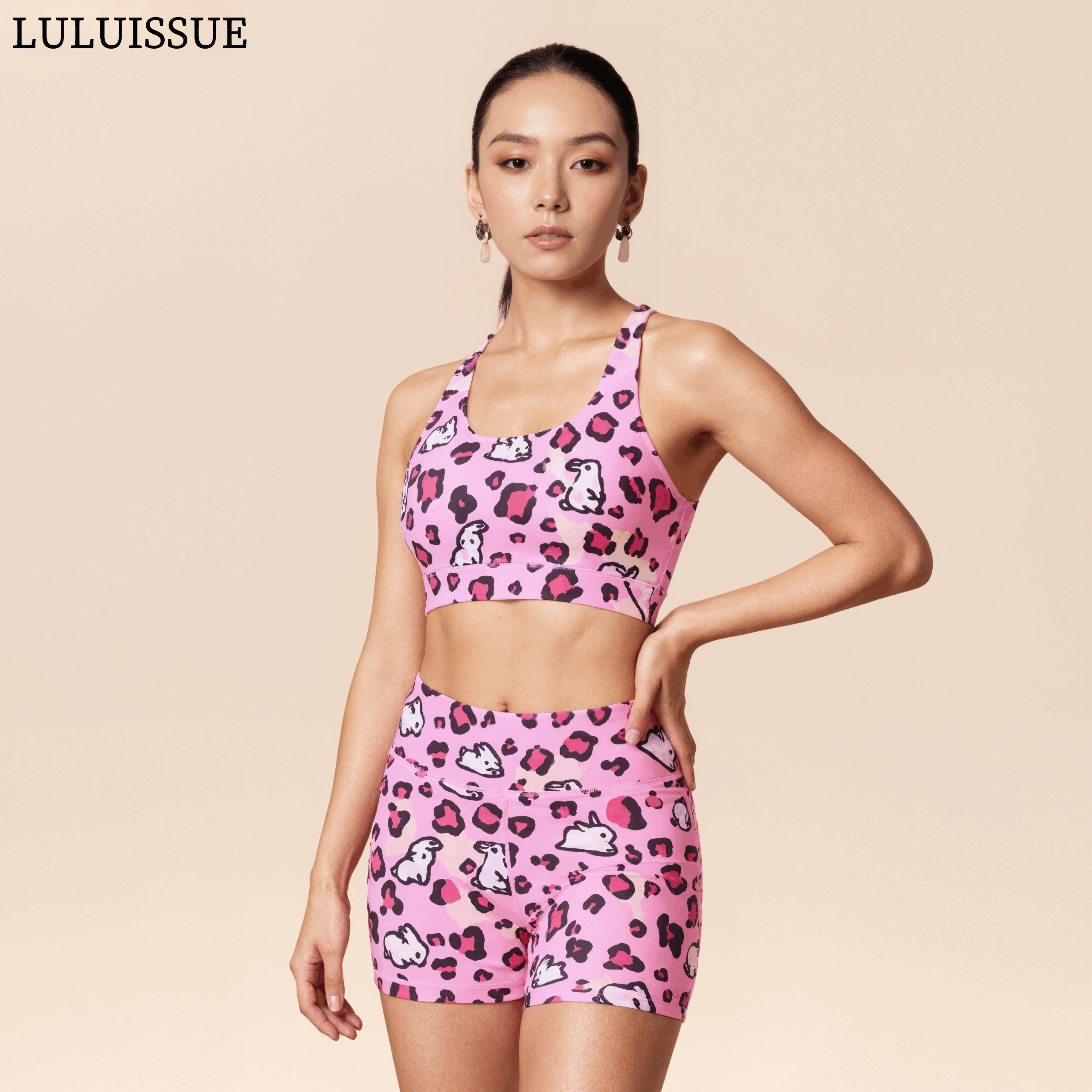 LULUISSUE｜豹纹兔训练速干跑步短裤粉色豹纹女子排汗健身瑜伽裤