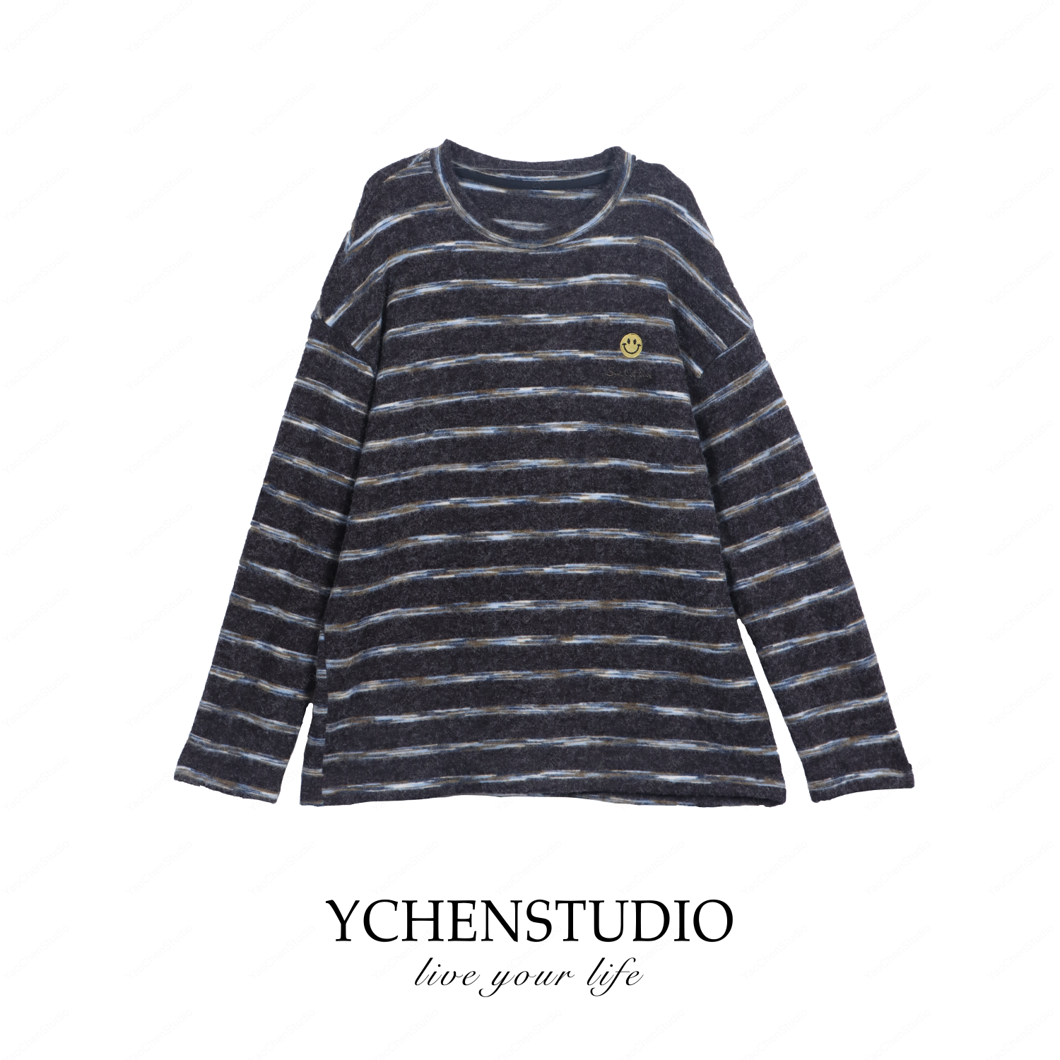 秀文~【梵高】冬季新款圆领时尚条纹刺绣笑脸百搭打底衫X105