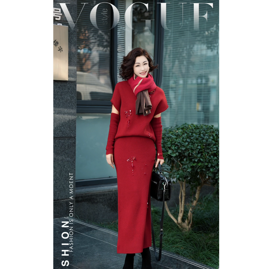 【渣渣严选】全羊毛套装 设计师拼接袖穿珠D16283E上衣+半裙D16235E