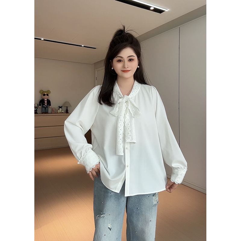【胖佳佳】杂志周刊 长袖雪纺衫时尚蕾丝拼接衬衣H625Z01492