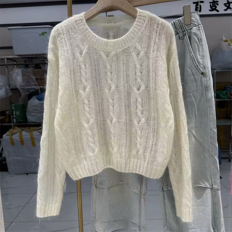 韩系圆领早春圆领休闲百搭镂空针织衫套头毛衣女1088