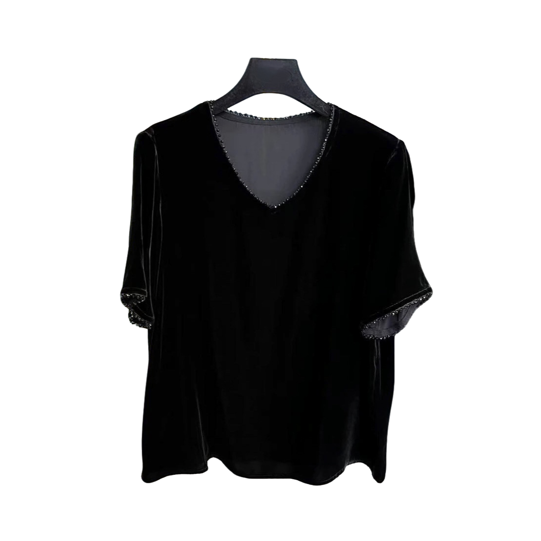 南油粤云  100%桑蚕丝真丝丝绒V领拼珠气质宽松显瘦上衣【0525】