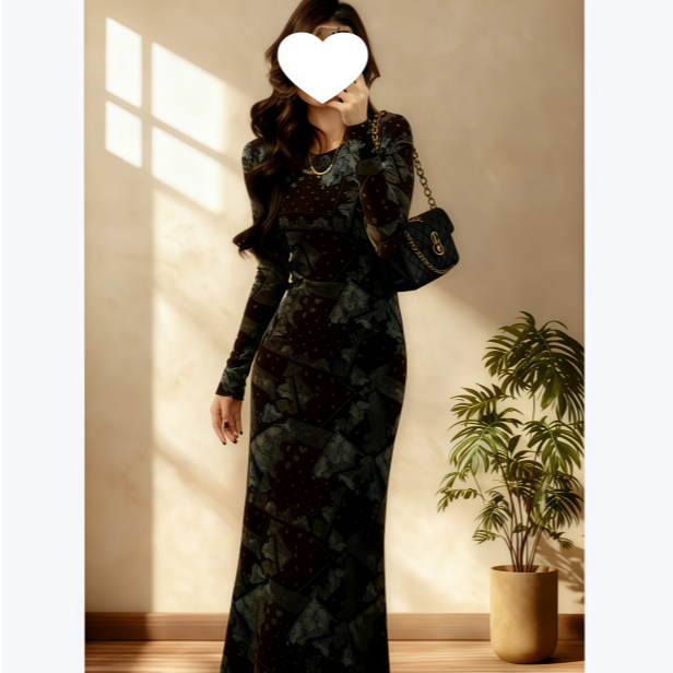 秋冬新款圆领短裙加绒长袖印花时尚法式修身连衣裙 