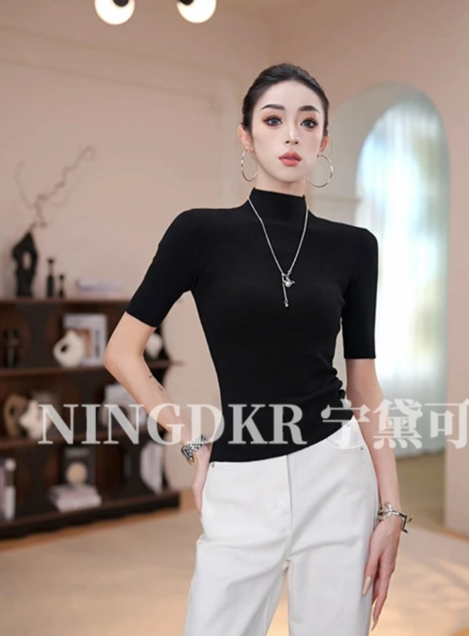 宁纯色基础款显瘦中袖半高领针织衫女百搭打底衫上衣