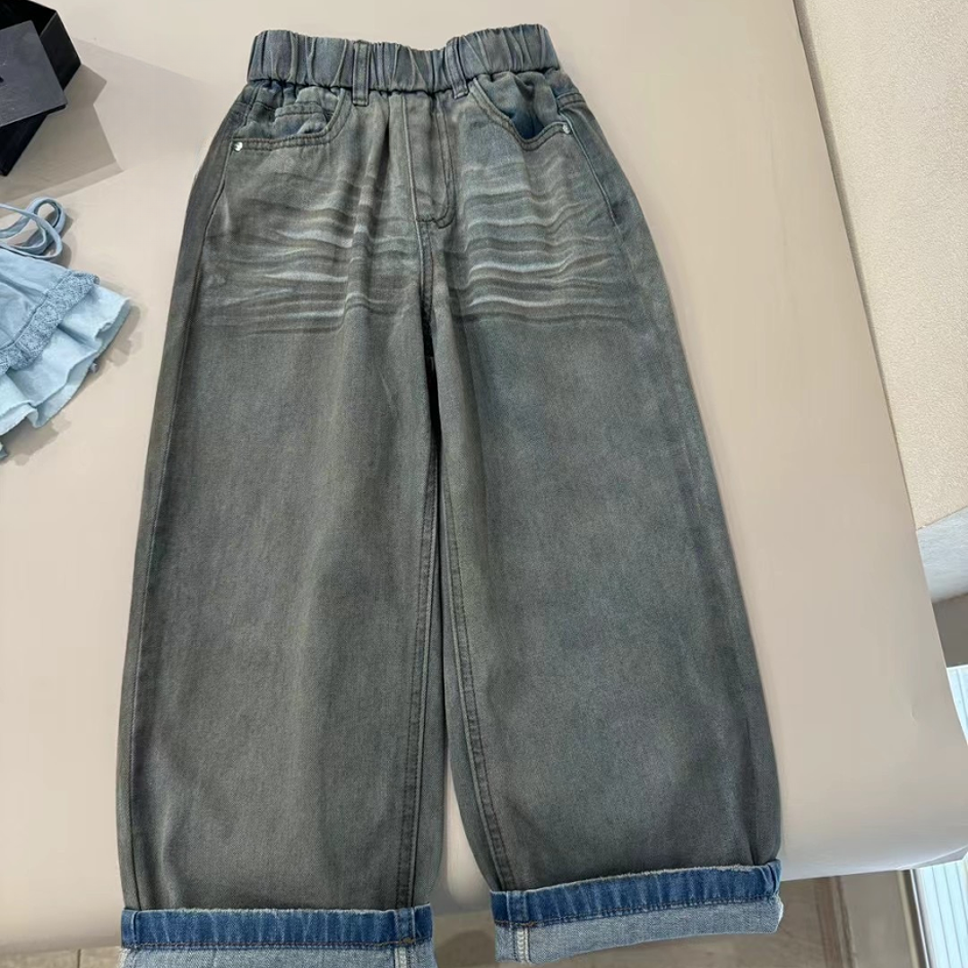 儿童做旧水洗微弹力撞色直筒裤牛仔裤时尚宽松休闲裤直筒裤子拼接