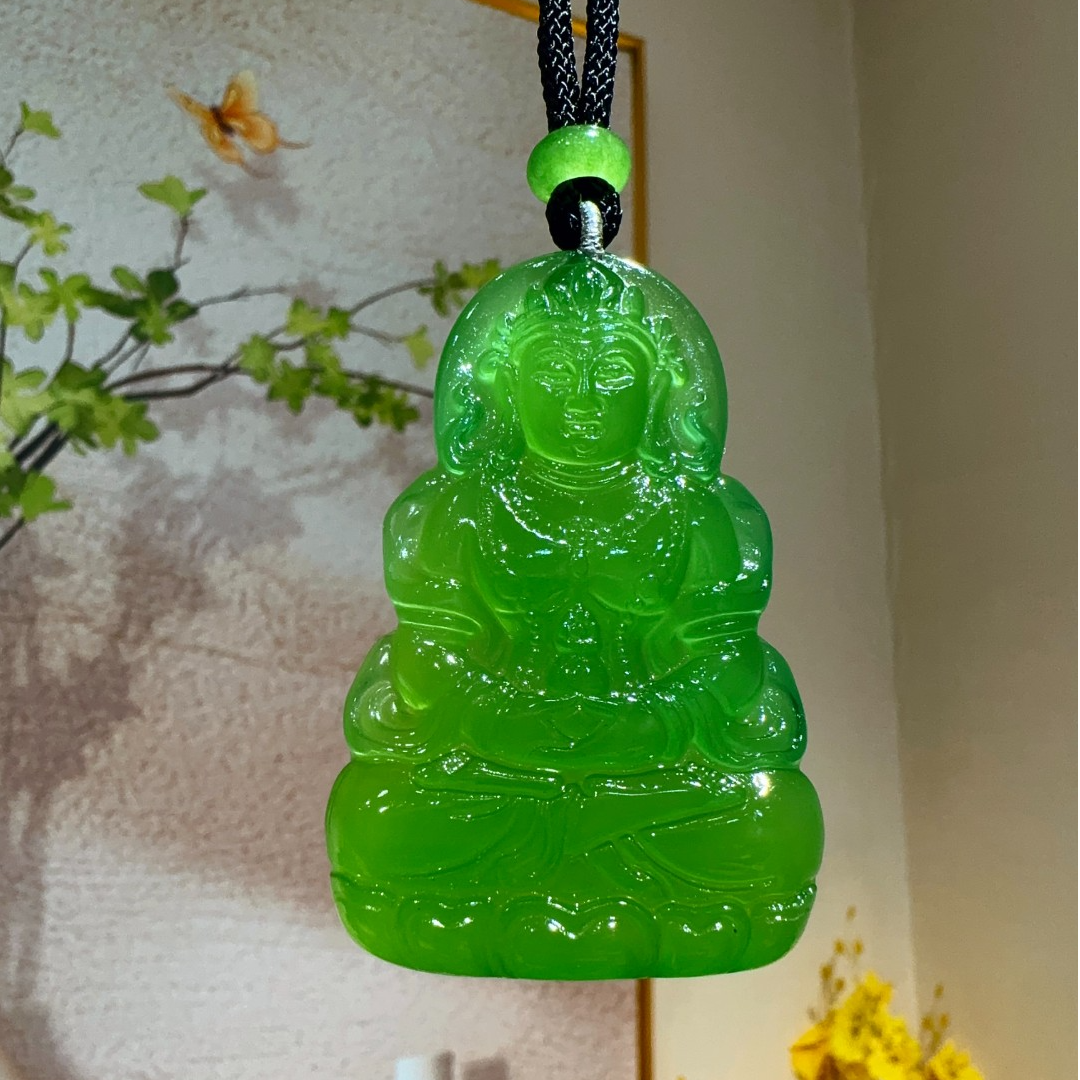 QIAOZUN/巧尊天然玉髓大度母吊坠冰透翠色辣绿高品质素款大气项链