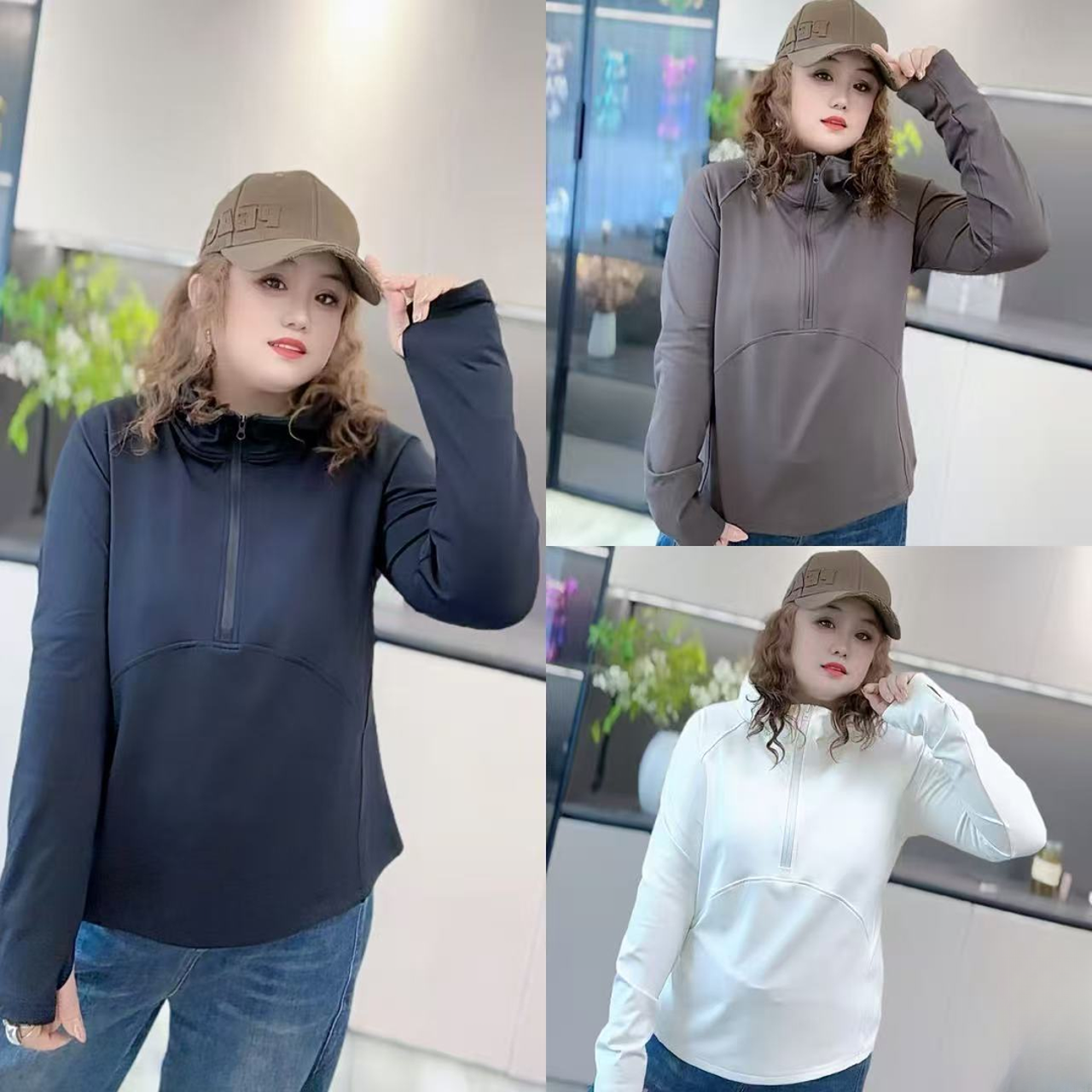 28821（丹姐家）秋冬款瑜伽弹力棉长袖加绒加厚显瘦连帽半拉链卫衣