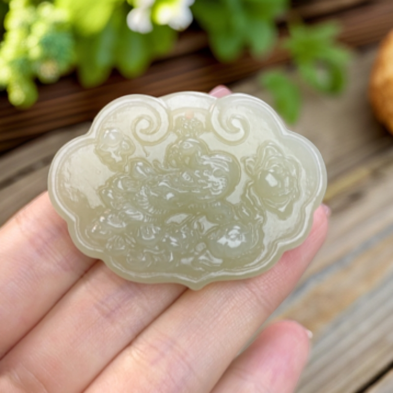 和田玉凤凰牡丹祥云如意锁