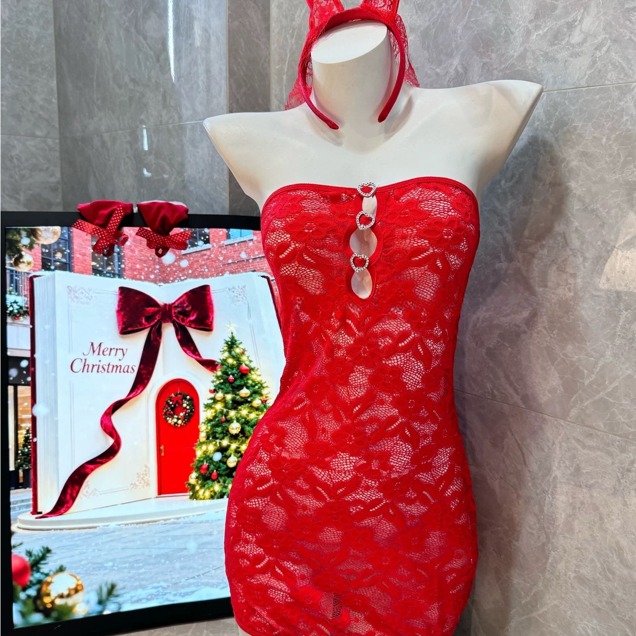 脸红小狗~圣诞系列*80~180斤爱心水钻扣蕾丝抹胸包臀裙