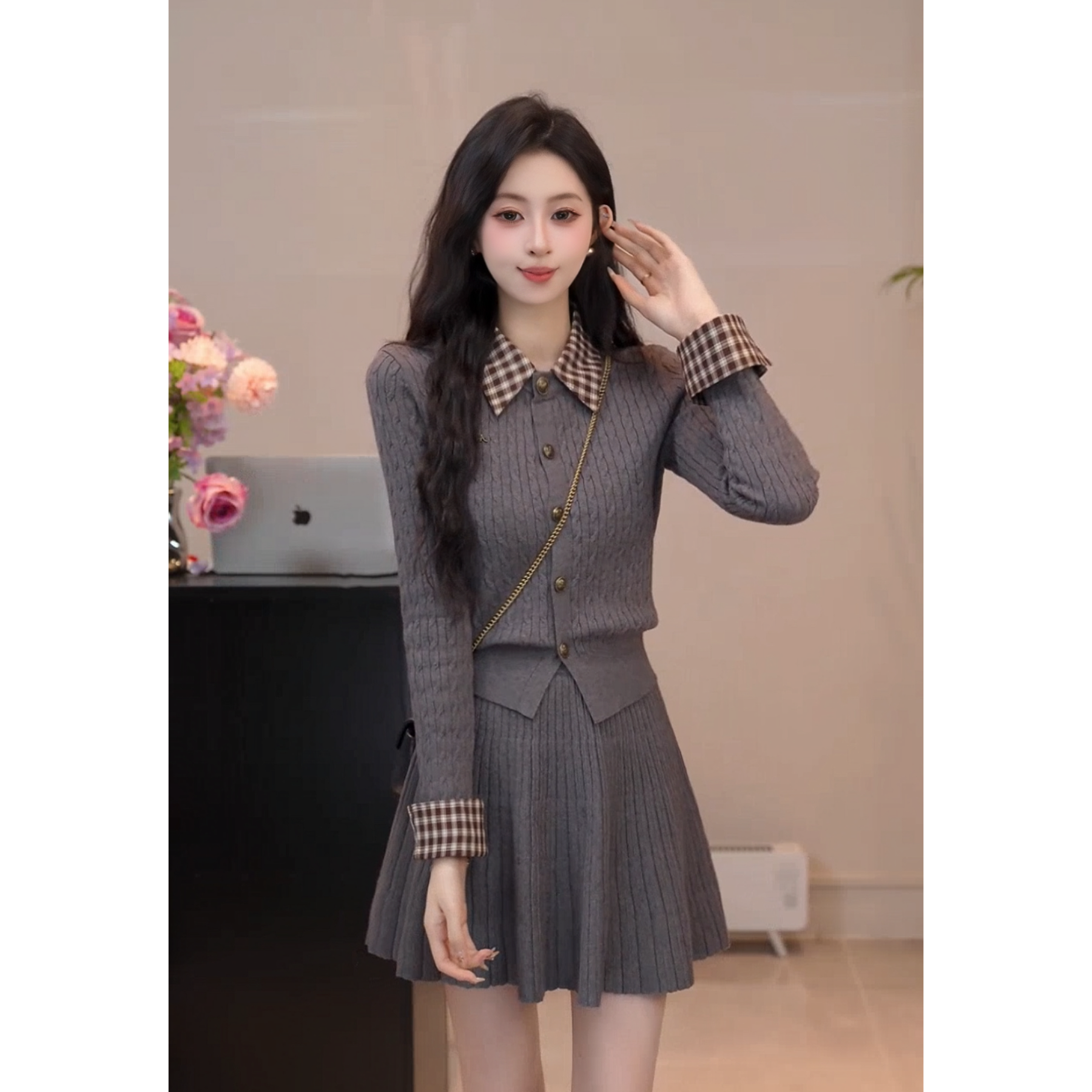 YUANLIANSU/圆脸酥【秋江明净】法式Polo领针织上衣+半身裙两件套女