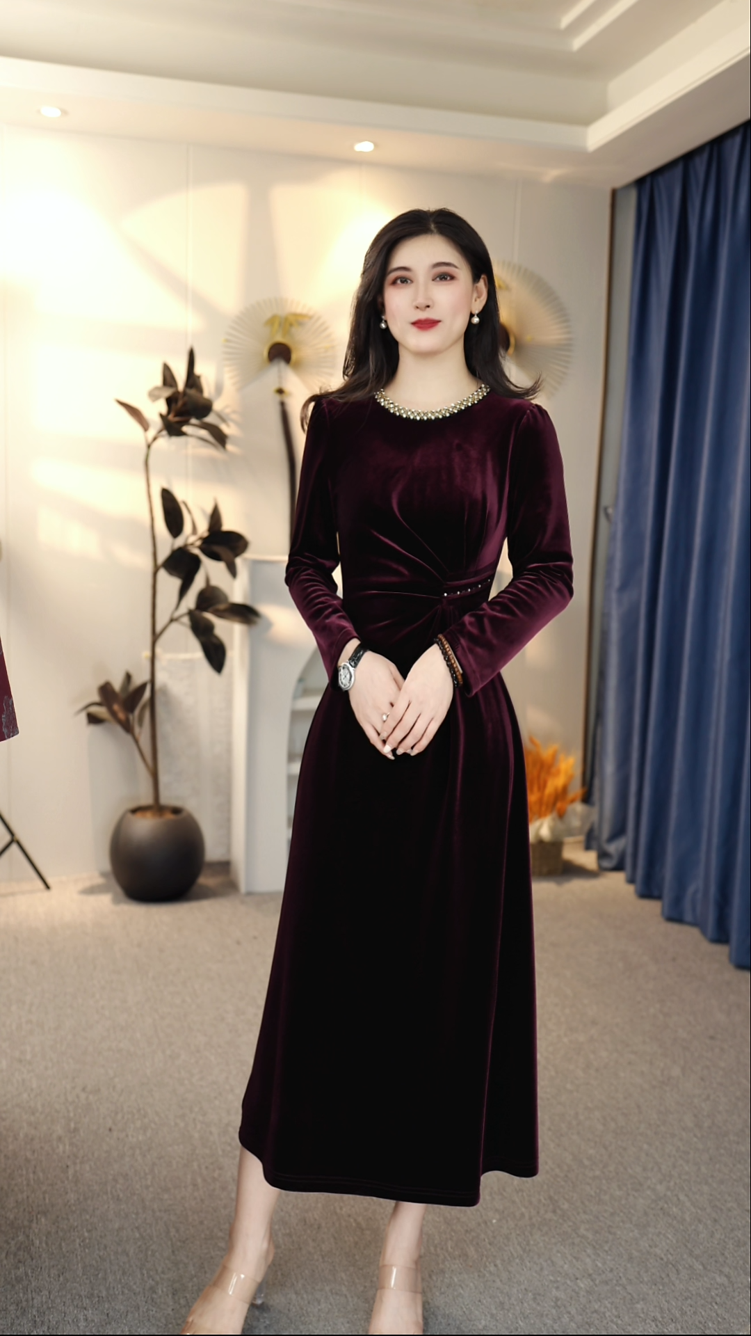 冬季垂感金丝绒连衣裙3028气质时尚优雅高贵显瘦