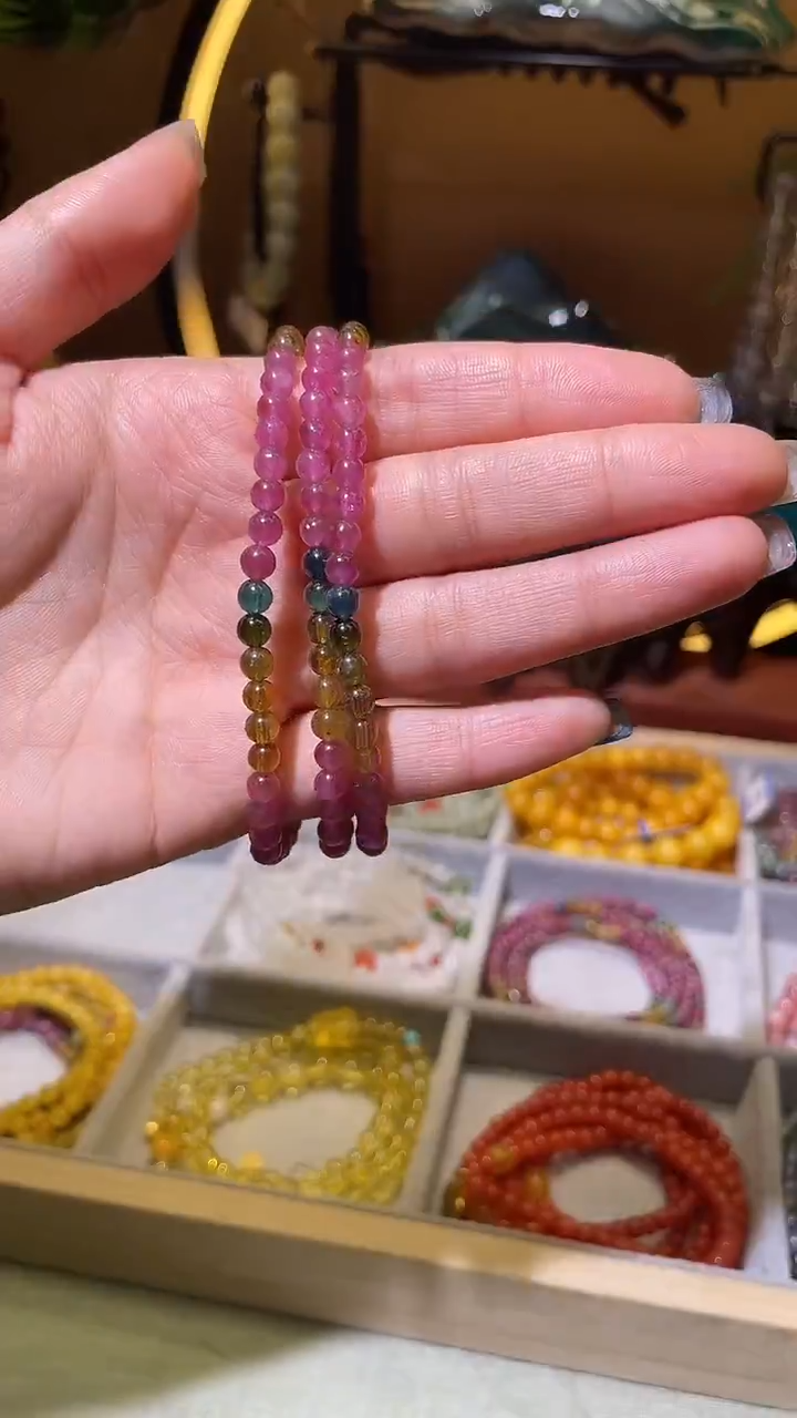 未镶嵌手串玛瑙/玉髓碧玺三圈4mm+老矿料