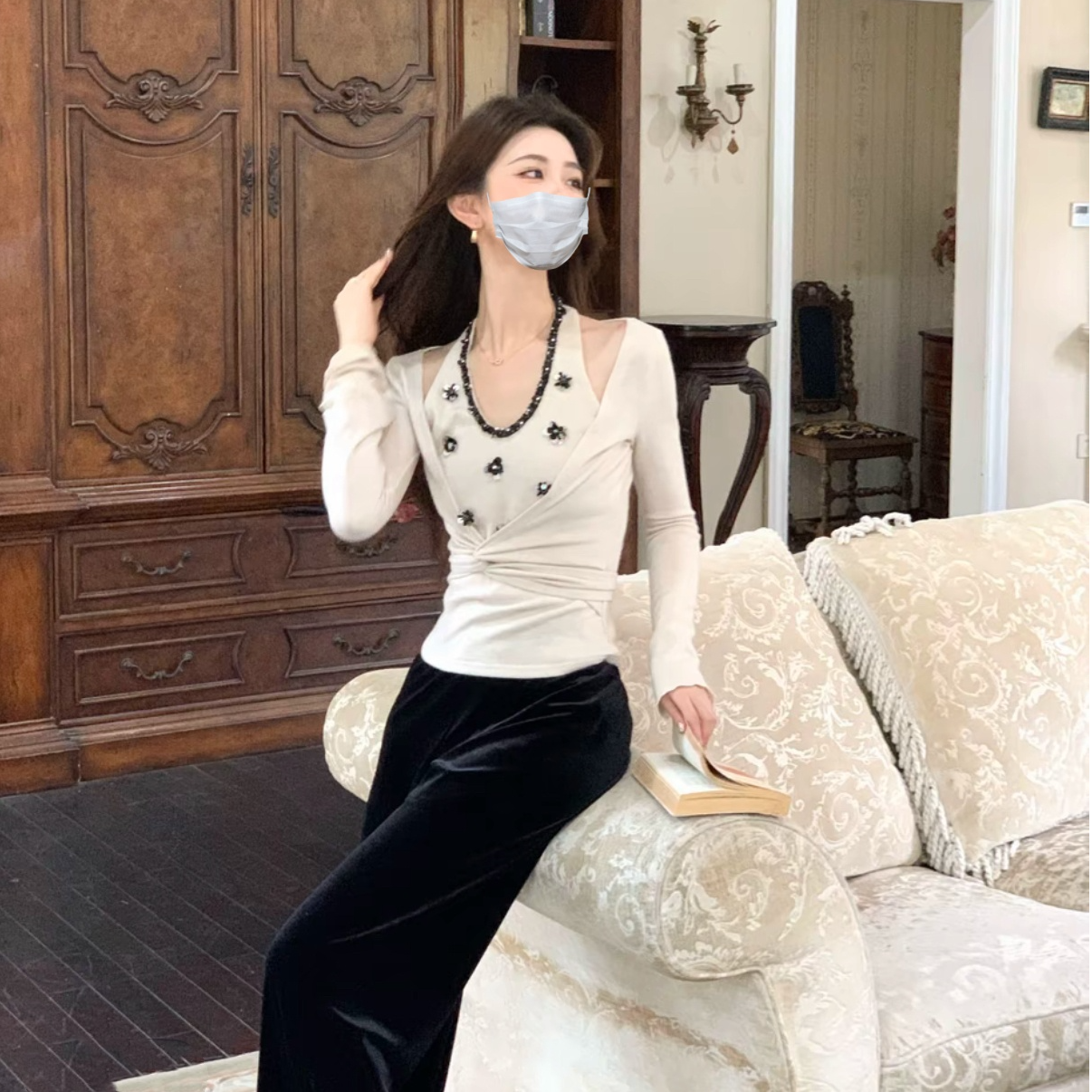 秋季新款假两件长袖扭结针织衫露锁骨上衣丝绒垂感阔腿裤长裤套装