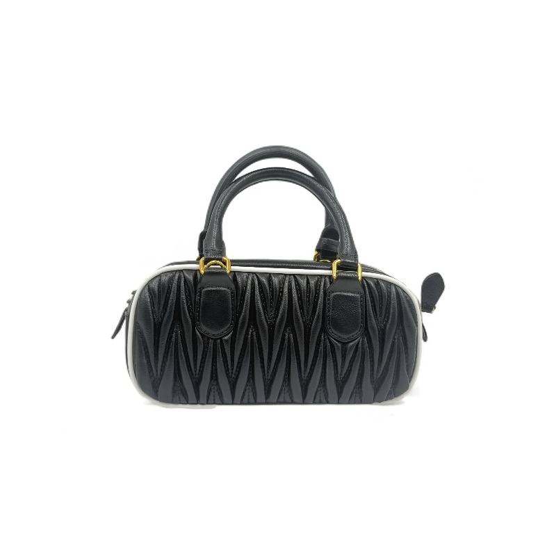 LQ-WITH-QUEEN真皮女包褶皱白边保龄球黑色0634