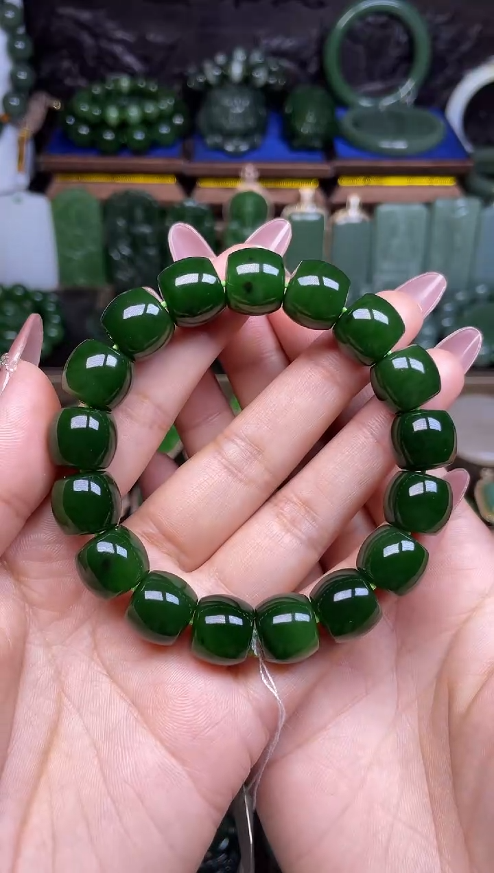 【闪购商品】和田玉手串菠菜绿直切未镶嵌珠子直径13