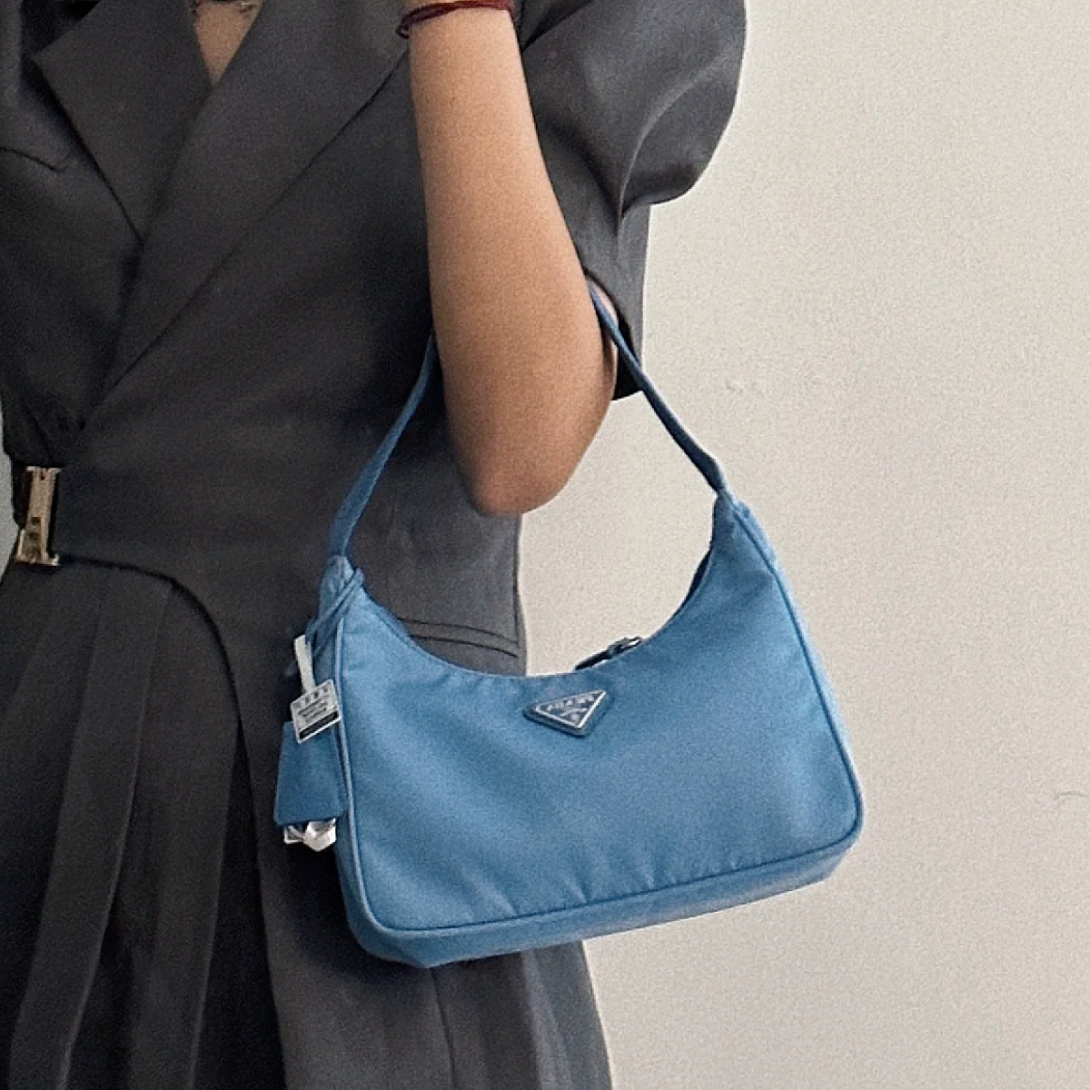 95新 Prada/普拉达 小花攀攀Hobo 腋下包 蓝色 尼龙 