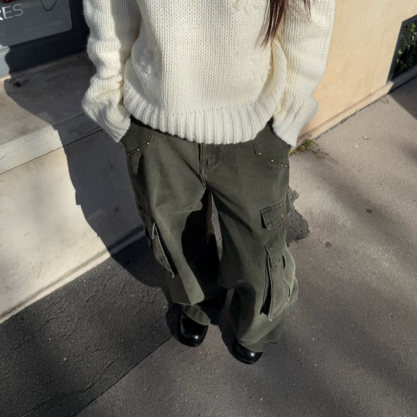 【清】IN choose u笑笑家2025冬季重工铆钉工装牛仔裤阔腿裤女82083