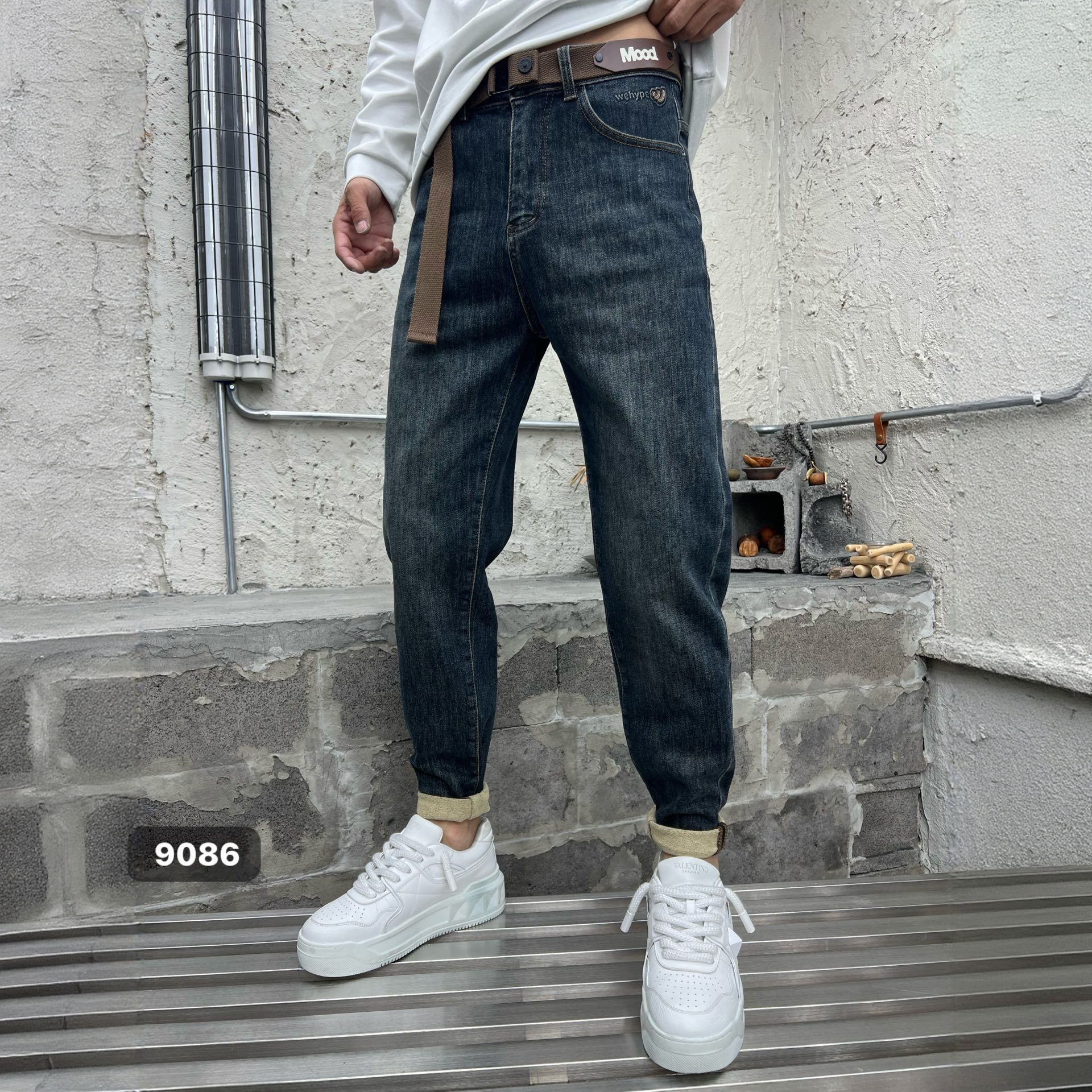 冬季新款底抓毛小直筒牛仔裤子男士时尚百搭弹力水洗牛仔长裤9086