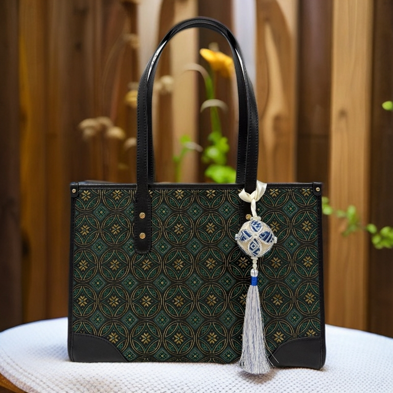 壮锦包包休闲飞燕铜钱纹托特包绿色经典拉链单肩包大托特双根