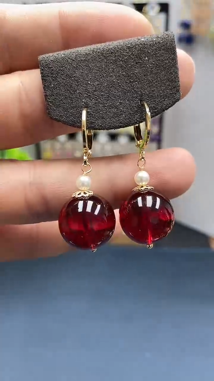 【闪购商品】血珀耳饰银S925镀金镶嵌尺寸16mm耳扣07