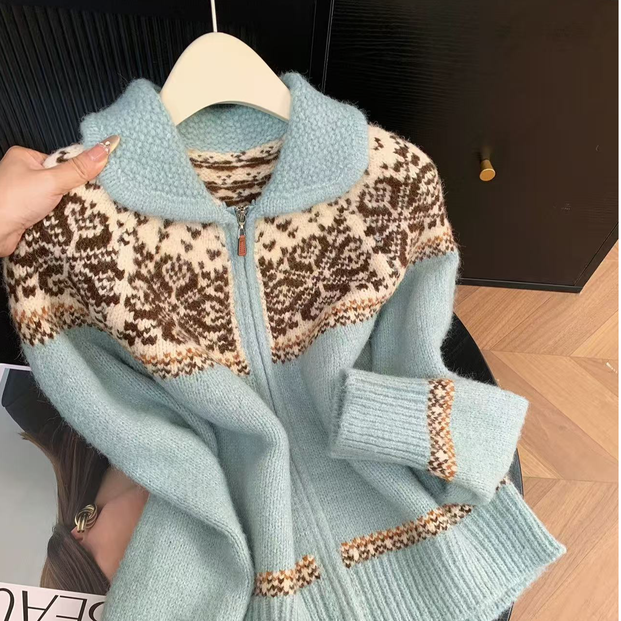 美式复古费尔岛翻领针织开衫毛衣女冬季新款短款外套