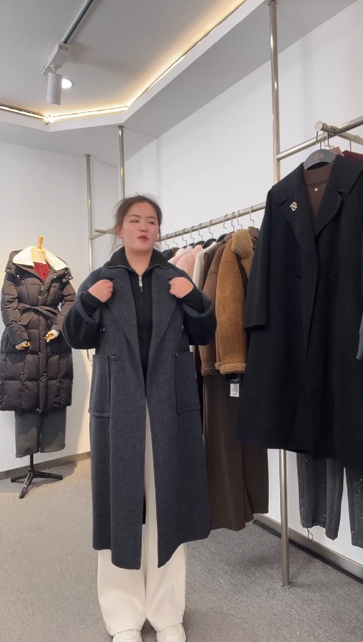 一**阳25D086黑灰双面呢大衣最大号