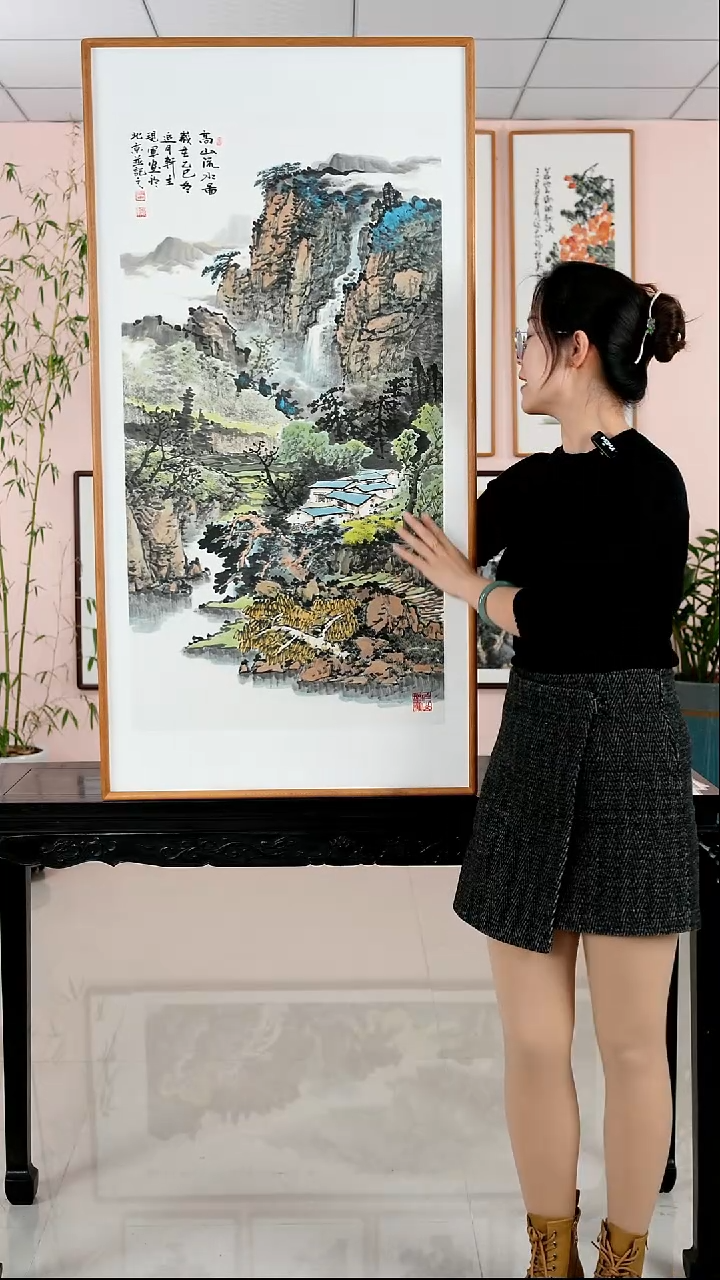 国画张现军《高山流水》手绘带框122*62厘米