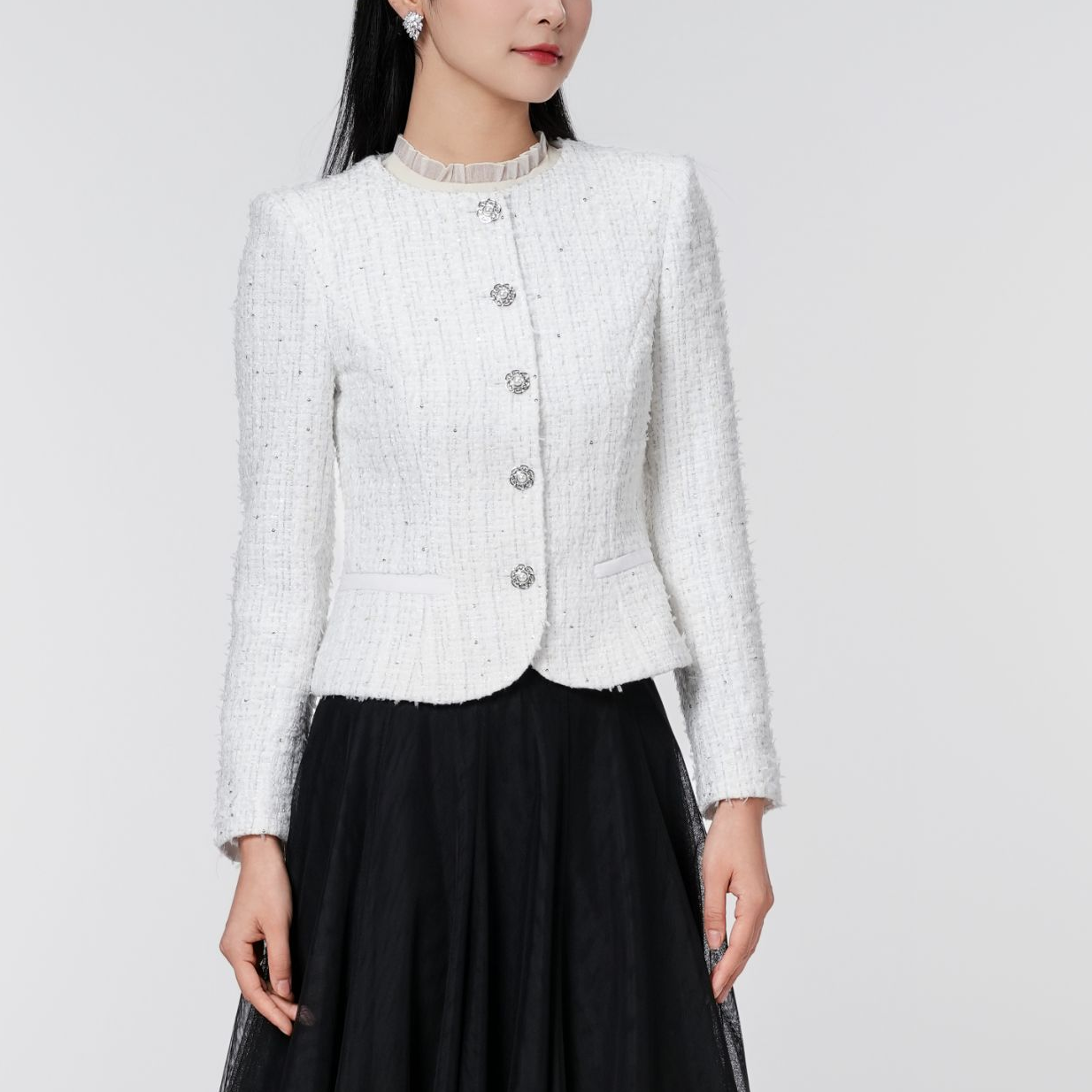 SUSSI/古色女短款短外套蕾丝小香风钻扣外套修身圆领秋季气质上衣