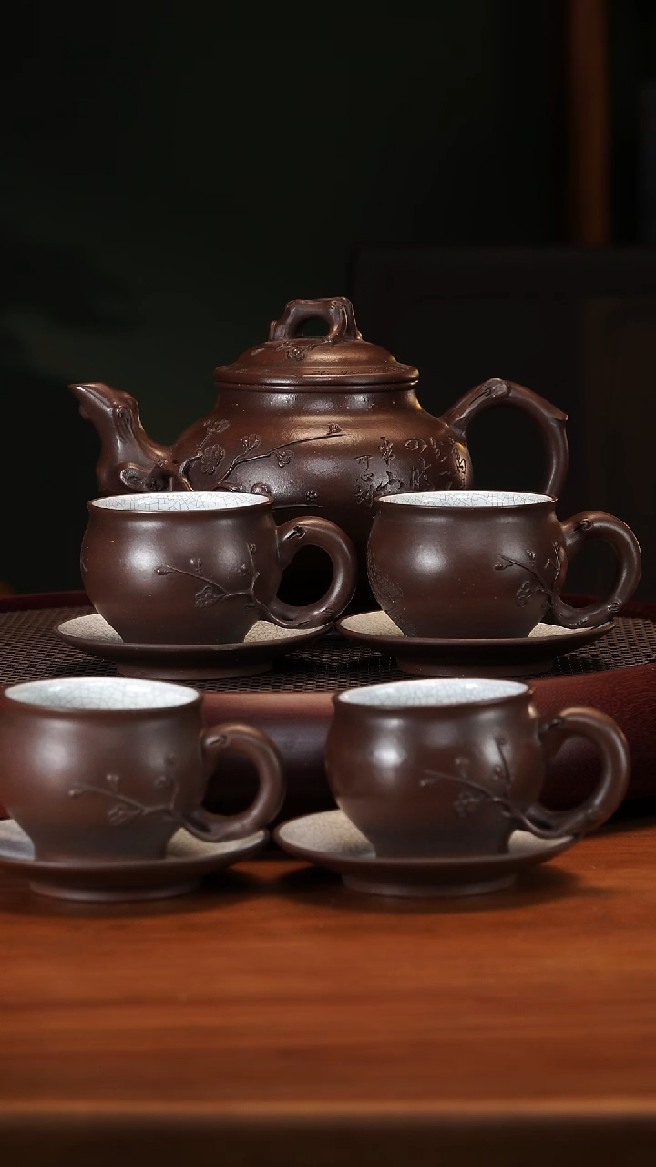 【闪购商品】紫砂茶壶2-54ZWP梅报春套组老紫泥700cc