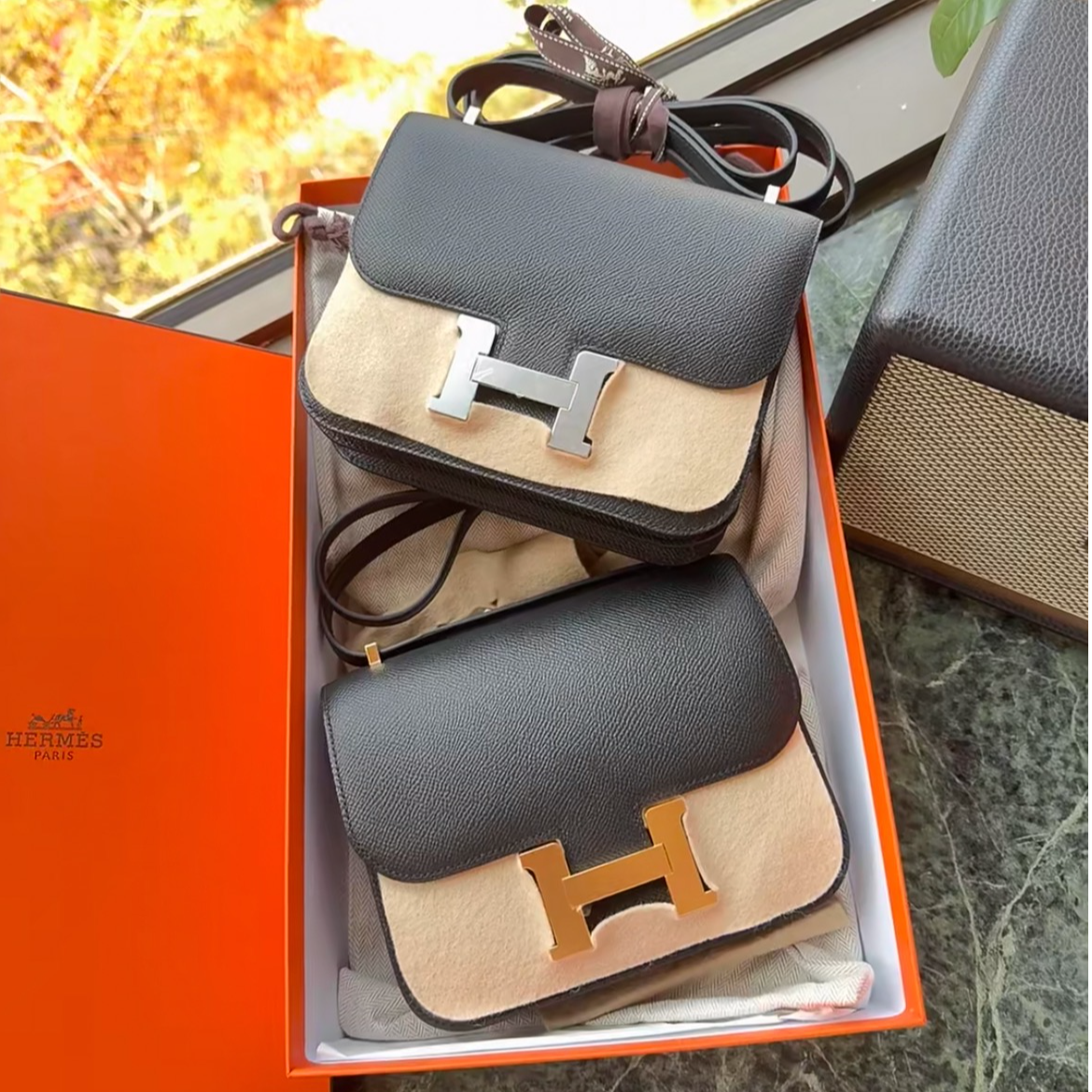99新 Hermes/爱马仕 康康19单肩包/E皮/BOX皮/黑金/黑银