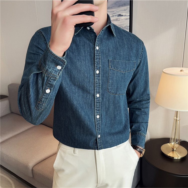 水洗带口袋牛仔衬衫~复古休闲深蓝色长袖衬衣外套