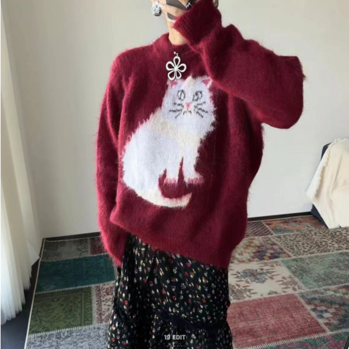 【100山羊绒】241716拉绒工艺款小猫咪提花款秋冬厚款羊绒衫时尚