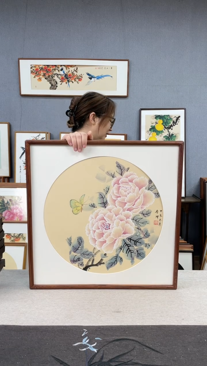 【闪购商品】国画李坤-手绘带框作品-53*53-牡丹